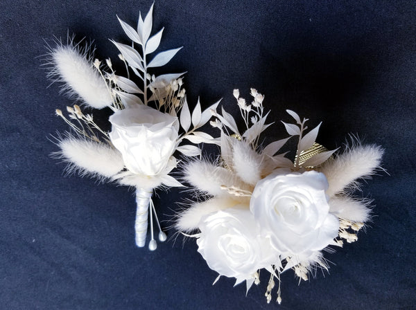 White Preserved Rose & Dried Flowers Cuff Corsage & Boutonniere