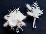 White Preserved Rose & Dried Flowers Cuff Corsage & Boutonniere