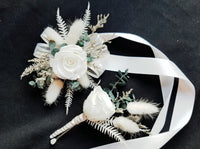 White Preserved Rose & Died Corsage with White Long Ribbon & Matching Boutonniere