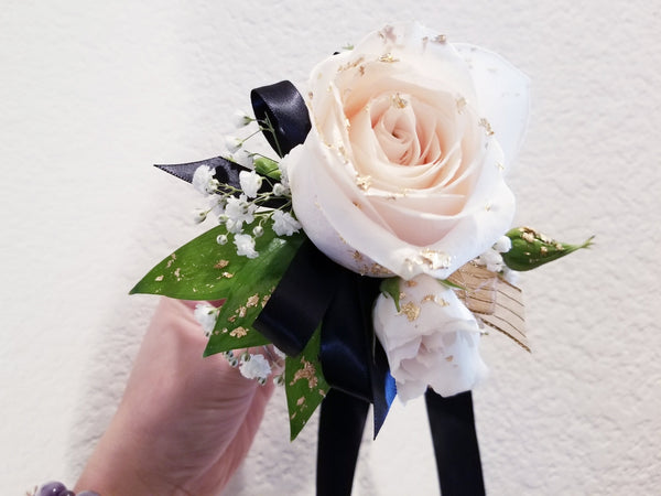 White Roses and Greenery Corsage & Boutonniere with Long Black Ribbon LeLe Floral White Roses and Greenery Corsage & Boutonniere with Long Black Ribbon LeLe Floral