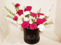 Red and White Hatbox Arrangement