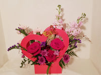 Be My Valentine - Unique flower arrangement with red Roses, carnations, stocks, other valentine seasonal flowers and greenery. Send this arrangement your very special person with the message of "Be my valentine? " 