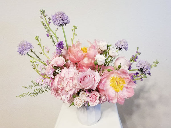 Best Mom Ever Arrangement - Imagine these gorgeous flowers arrangement getting delivered to your door... dreamy! Pink, lavender and creamy flowers such as Peonies, roses, spray roses, stocks Scabiosa sophistically arranged with lush greenery and fillers.