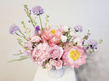 Best Mom Ever Arrangement - Imagine these gorgeous flowers arrangement getting delivered to your door... dreamy! Pink, lavender and creamy flowers such as Peonies, roses, spray roses, stocks Scabiosa sophistically arranged with lush greenery and fillers.