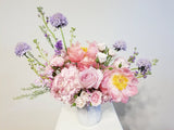 Best Mom Ever Arrangement - Imagine these gorgeous flowers arrangement getting delivered to your door... dreamy! Pink, lavender and creamy flowers such as Peonies, roses, spray roses, stocks Scabiosa sophistically arranged with lush greenery and fillers.