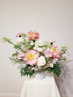 Mom's Garden Party - This arrangement is delightful flower arrangement featuring a mix of Peonies Roses, Queen Ann Lace and seasonally available blooms, thoughtfully designed in a ceramic vase.