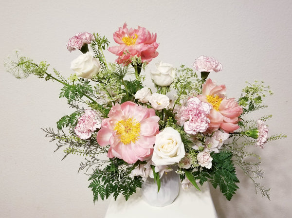 Mom's Garden Party - This arrangement is delightful flower arrangement featuring a mix of Peonies Roses, Queen Ann Lace and seasonally available blooms, thoughtfully designed in a ceramic vase.