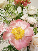 Mom's Garden Party - This arrangement is delightful flower arrangement featuring a mix of Peonies Roses, Queen Ann Lace and seasonally available blooms, thoughtfully designed in a ceramic vase.