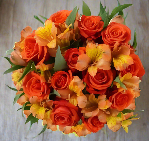 Dozen Orange Roses & Orange Alstroemeria Arrangement