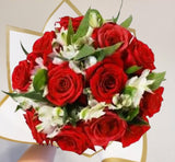 Elegant bouquet with dozen Red Roses and White Alstroemeria. 