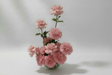 Pink flowers in a clear vase on a light gray background