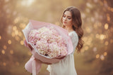 Elegant pink hydrangea bouquet wrapped in soft blush tones. Perfect for Valentine's Day flowers, anniversaries, and luxury gifting.