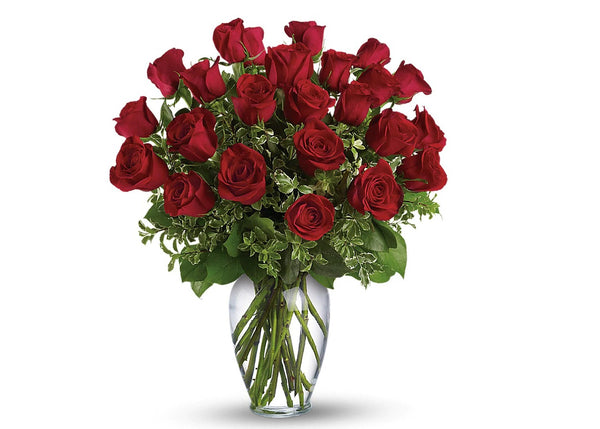 Premium Two Dozen Long Stem Fragrant Red Roses in Clear Vase