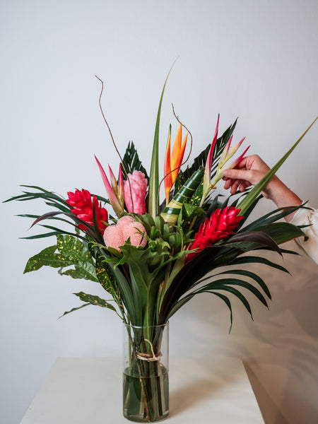 Rainforest pink Tropical Arrangement in Clear Vase