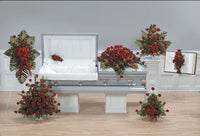 Roses Funeral Package II. One Half Casket Spray (Approximately Width 42” One Pedestal Arrangement (Approximately Height 27” & Width 29”) One Large Rose Arrangement (Approximately Height 36” & Width 36”) One Small Rose Arrangement (Approximately Height 25” & Width 24”) One Standing Spray (Approximately Height 43” & Width 29”) One Bible Standing Spray (Approximately Height 40” & Width 18”) One Cross LID Decoration (Approximately Height 12” & Width 10”)