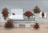 Roses Funeral Package II. One Half Casket Spray (Approximately Width 42” One Pedestal Arrangement (Approximately Height 27” & Width 29”) One Large Rose Arrangement (Approximately Height 36” & Width 36”) One Small Rose Arrangement (Approximately Height 25” & Width 24”) One Standing Spray (Approximately Height 43” & Width 29”) One Bible Standing Spray (Approximately Height 40” & Width 18”) One Cross LID Decoration (Approximately Height 12” & Width 10”)