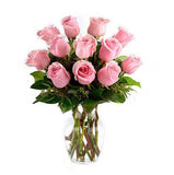 Dozen Pink Roses Arrangement in Clear Vase