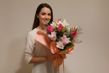 Hot Pink Rose & Fragrant Roselily Bouquet (Fragrant & Long-Lasting) 
Luxury hand-tied wrapped bouquet for Mother's Day annual flower subscription by LeLe Floral.