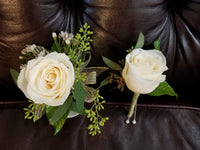 White Spray Roses Corsage & Boutonniere with Gold Ribbon