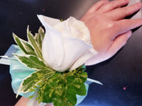 White Rose Corsage & Boutonniere With Teal Ribbon