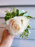 White Rose Corsage & Boutonniere With Teal Ribbon
