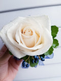 White Rose Corsage with Blue Ribbon