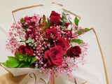 Dozen Stem Fragrant Red Roses with Pink Baby’s Breath and Greenery Bouquet