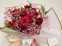 Dozen Stem Fragrant Red Roses with Pink Baby’s Breath and Greenery Bouquet