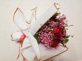 Dozen Stem Fragrant Red Roses with Pink Baby’s Breath and Greenery Bouquet