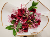 Dozen Stem Fragrant Red Roses with Pink Baby’s Breath and Greenery Bouquet