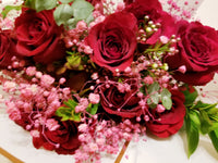 Dozen Stem Fragrant Red Roses with Pink Baby’s Breath and Greenery Bouquet