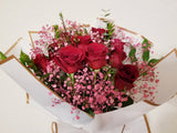 Dozen Stem Fragrant Red Roses with Pink Baby’s Breath and Greenery Bouquet