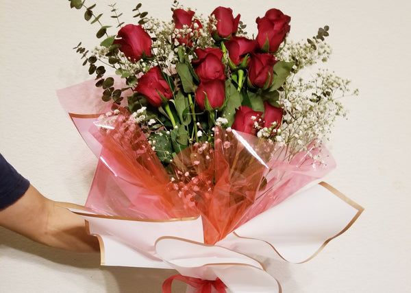 Dozen Fragrant Red Roses with Baby’s Breath and Greenery Bouquet