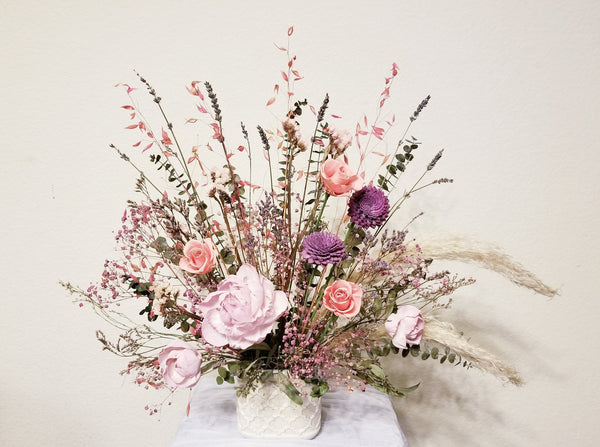 Large Preserved Roses, Dried Flowers Arrangement – Pink Tones & Purple