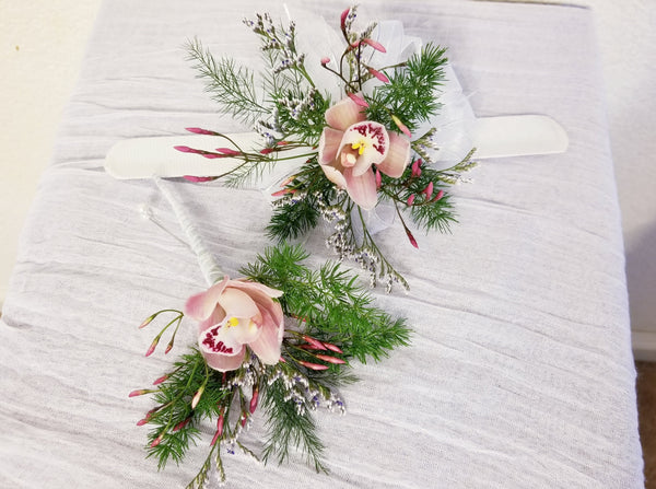 Pink Cymbidium Orchid Wrist Corsage and Boutonniere