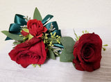 Red Rose Wrist Corsage & Boutonniere With Emerald Green Ribbon