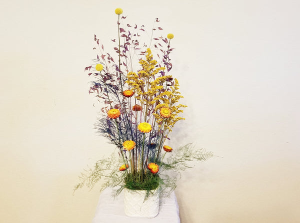  dried flowers such as Helichrysum, Solidago, Craspedia, Wild Oats, Tree Fern, Plumosa Fern.