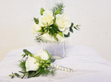 White Spray Roses Gold Cuff Corsage & Boutonniere