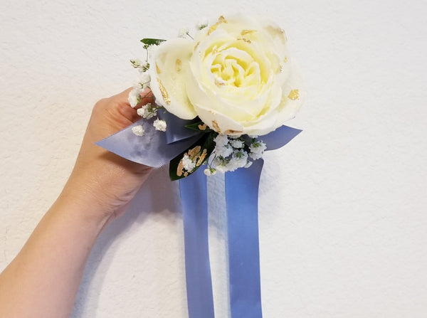 White Roses Corsage & Boutonniere with Long Blue Ribbon Media