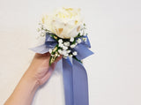 White Roses Corsage & Boutonniere with Long Blue Ribbon Media