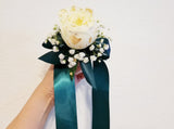 White Roses Corsage & Boutonniere with Long Teal Ribbon Media