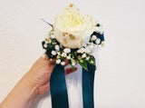 White Roses Corsage & Boutonniere with Long Teal Ribbon