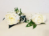 White Roses Corsage & Boutonniere with Long Teal Ribbon Media