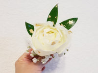 White Roses Corsage & Boutonniere with Long Teal Ribbon Media