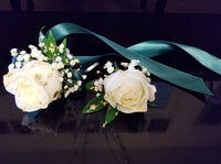 White Roses Corsage & Boutonniere with Long Teal Ribbon Media