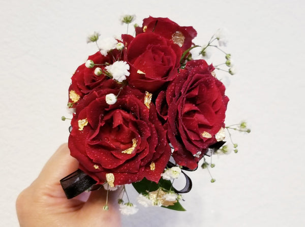 Red Spray Roses Corsage & Boutonniere with Black Ribbon & Gold Flakes