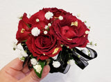 Red Spray Roses Corsage & Boutonniere with Black Ribbon & Gold Flakes