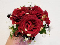 Red Spray Roses Corsage & Boutonniere with Black Ribbon & Gold Flakes