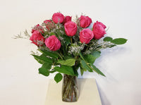  One Dozen Hot Pink Roses Arrangement In Clear Vase One Dozen Hot Pink Roses Arrangement In Clear Vase