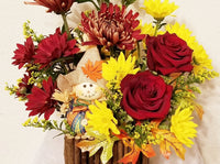 Molly - arrangement filled with roses, Chrysanthemums, and mums in the warm hues of fall